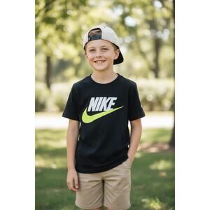 Nike Kids’ Graphic T-Shirt – Black with Neon Yellow Swoosh – Size 5–6Y